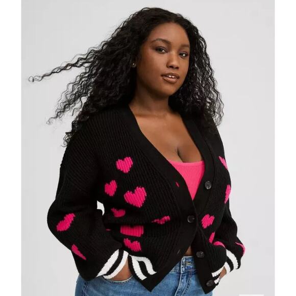 New! Torrid Drop Shoulder Cardigan Hearts Black Pink Preppy Sweater Size 2 2XL - Picture 3 of 8